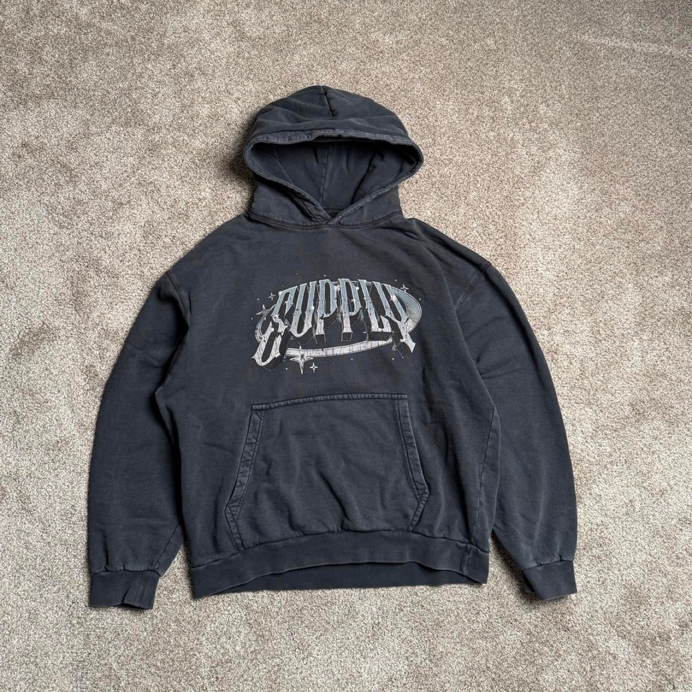 DARK BLUE SUPPLY & DEMAND Y2K STYLE PULLOVER HOODIE